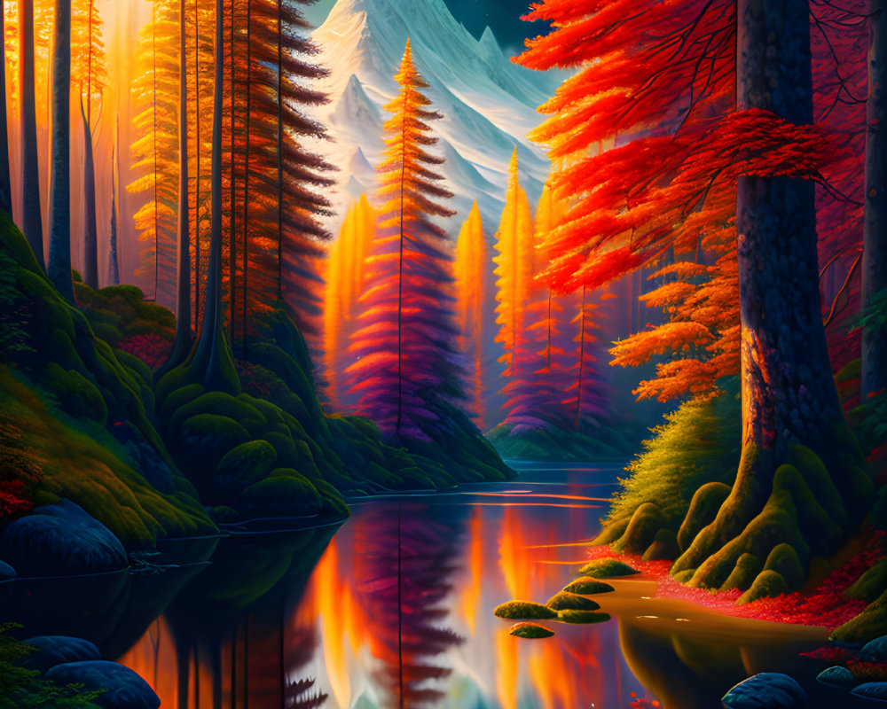 Majestic autumn forest with red and orange foliage, river reflection, snow-capped mountain