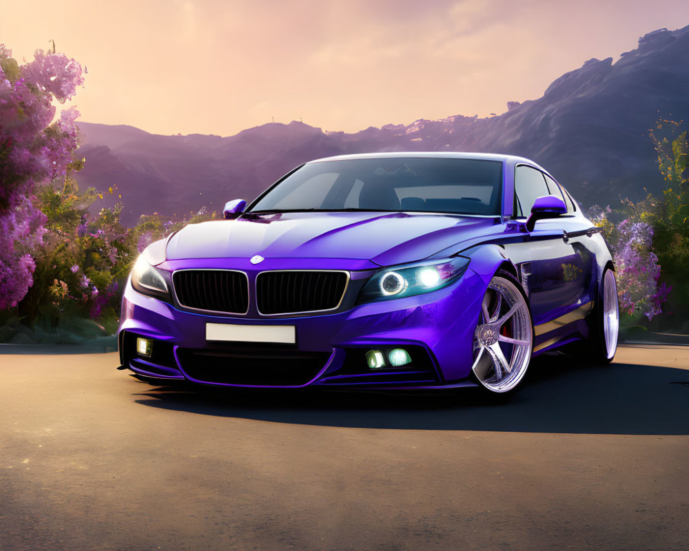 Purple BMW with custom rims parked near mountains at sunset and purple flowers