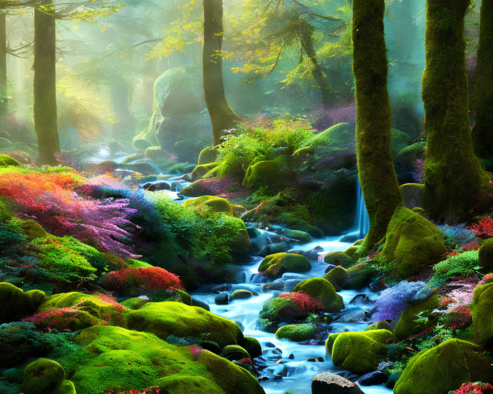 Lush forest scene with mist, mossy stones, stream, foliage, sunlight