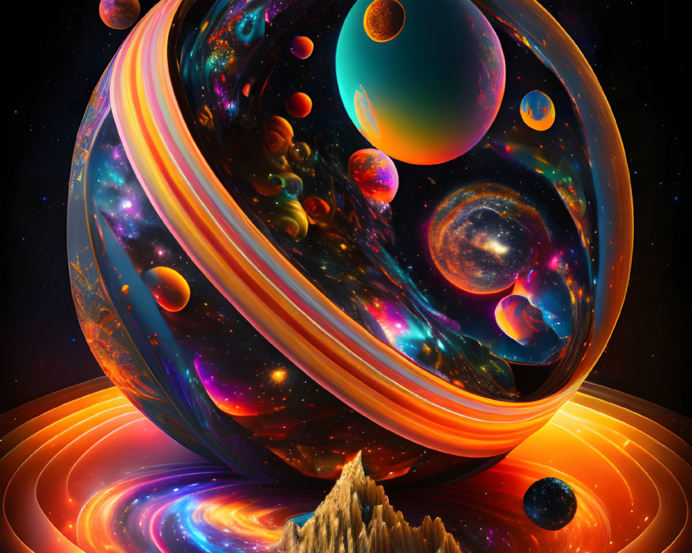 Vibrant surreal digital art: glass planet, galaxies, orbs, rings, mountain.