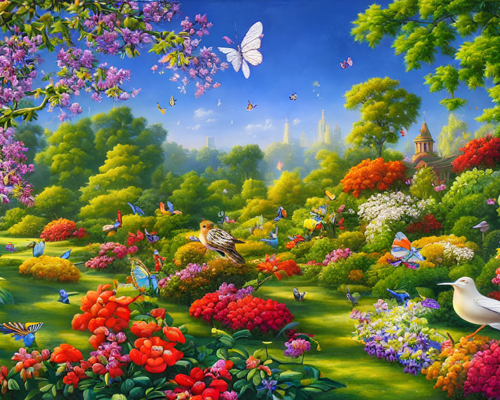 Colorful Flowers, Birds, Butterflies in Vibrant Garden Scene