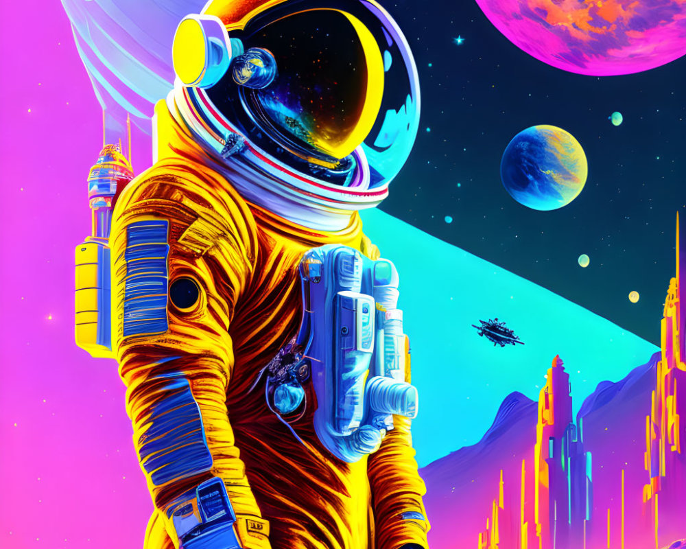 Astronaut in vibrant orange suit on alien planet with colorful skies and spaceship