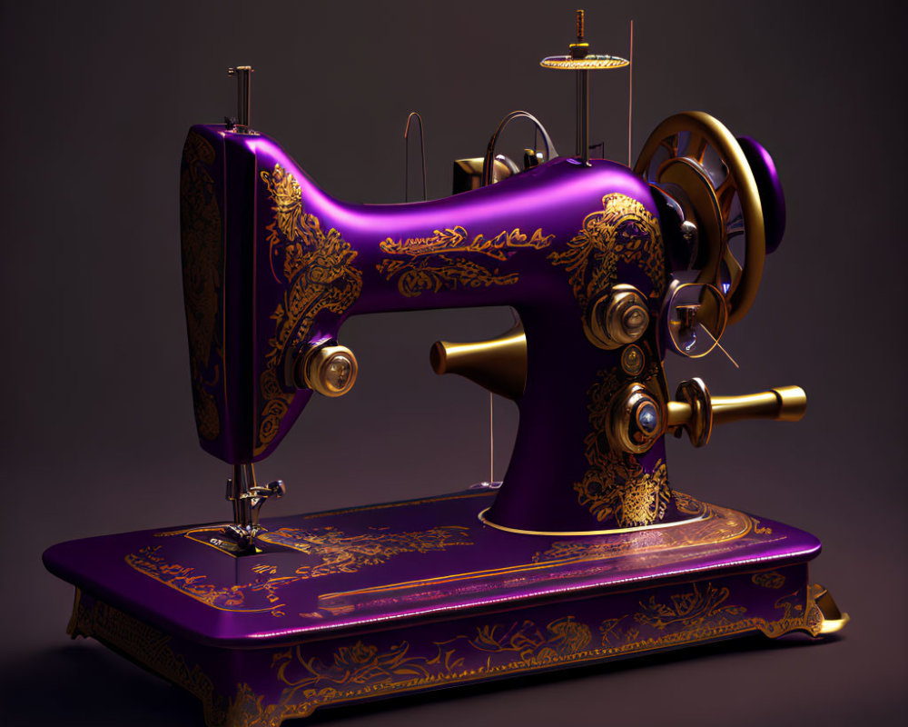 Vintage Purple Sewing Machine with Gold Ornate Patterns