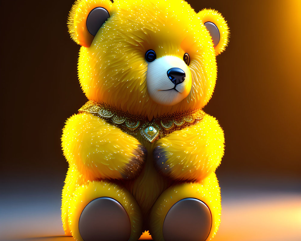 Golden Teddy Bear with Jeweled Necklace on Gradient Background