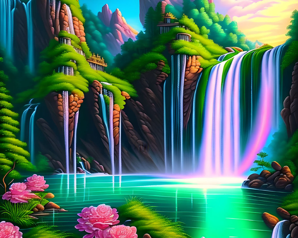 Colorful animated landscape with cliffs, waterfalls, exotic plants, and turquoise lake.