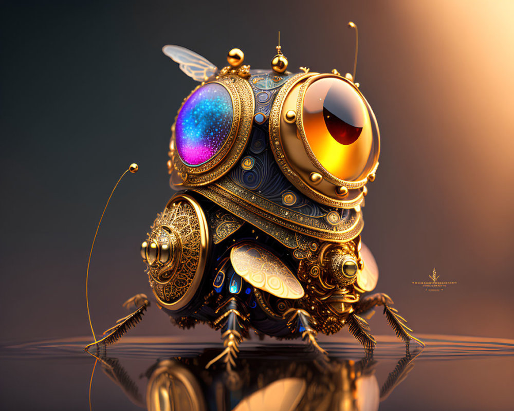 Steampunk-style robotic bee with glowing eye on warm backdrop