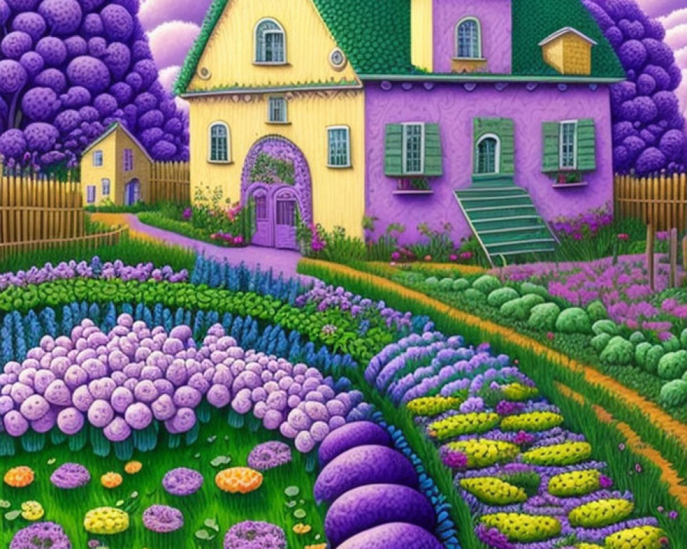 Colorful illustration of whimsical purple house in vibrant garden landscape