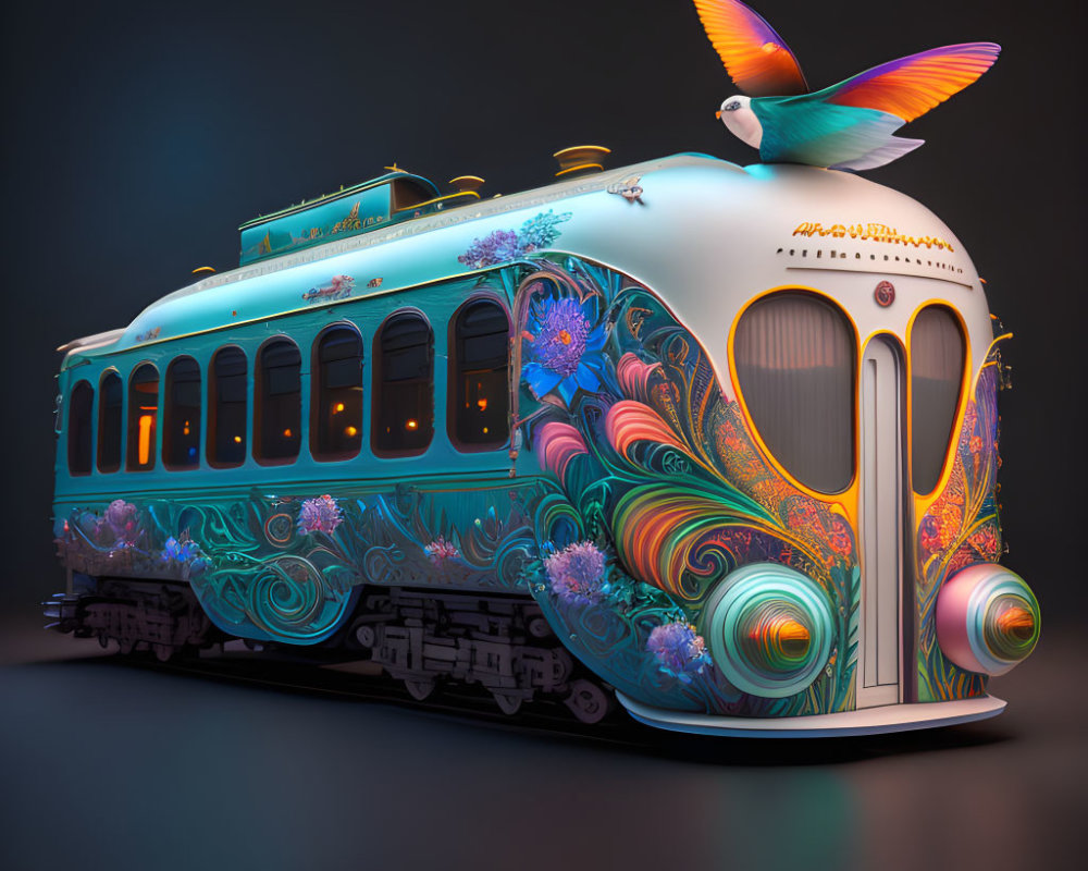 Colorful Bird Decorated Tram Against Dark Background