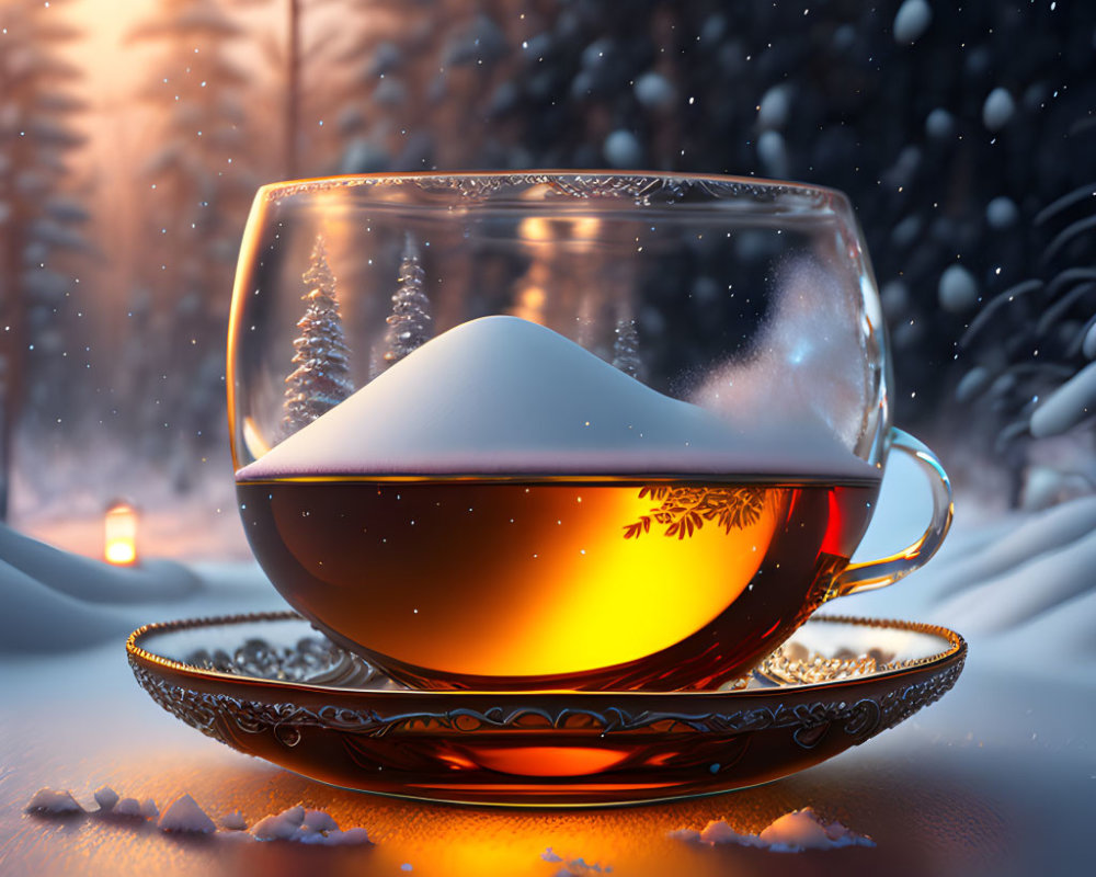 Snow-capped mountain in transparent cup on snowy backdrop