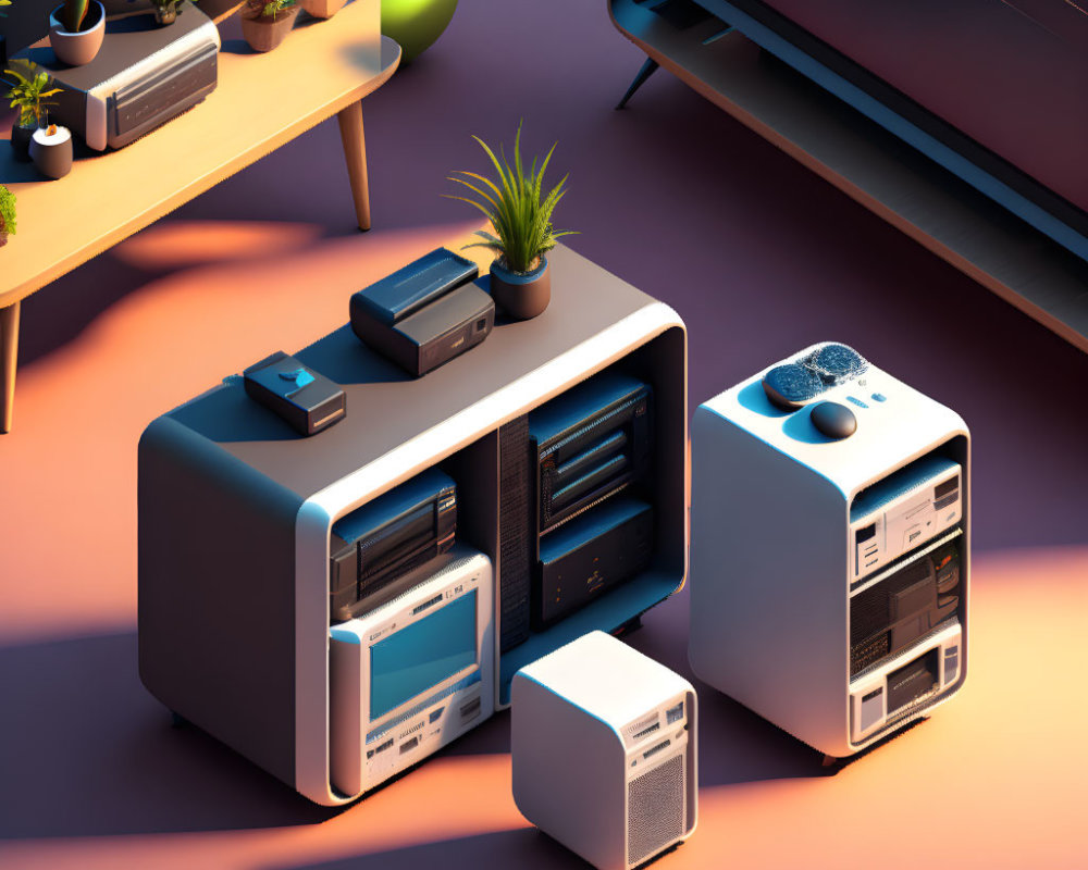 Retro-futuristic 3D illustration of computer setup with plants