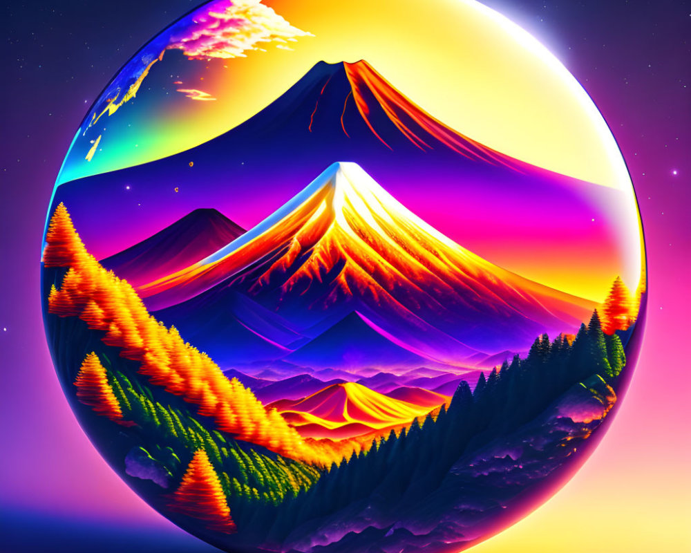 Colorful digital artwork of spherical landscape with mountains, trees, vivid sunset sky, stars, and neon