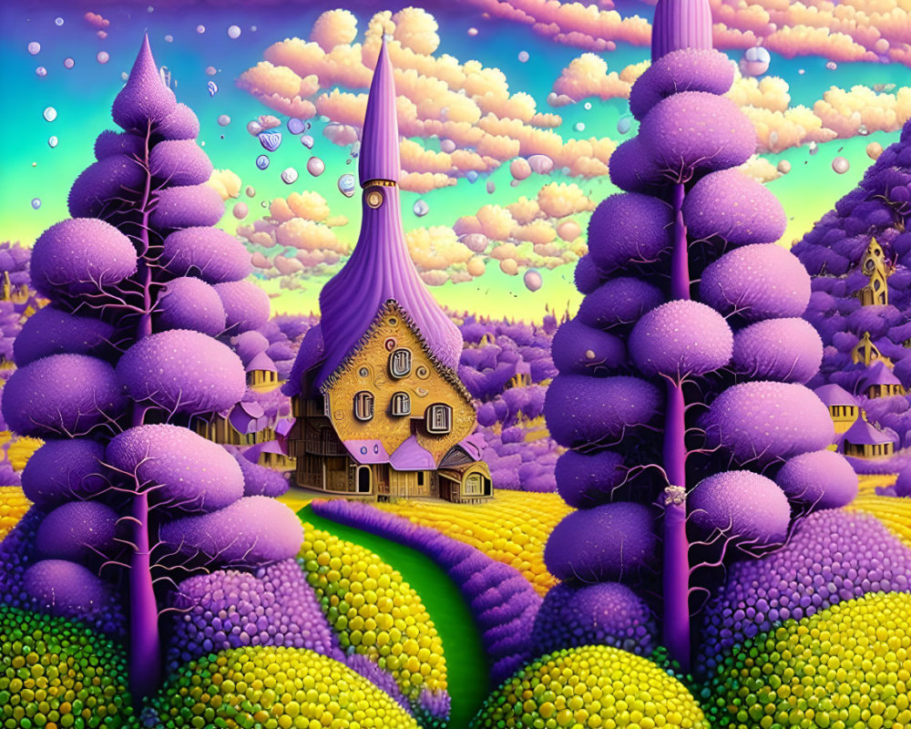 Whimsical landscape with purple trees and quirky house in yellow fields