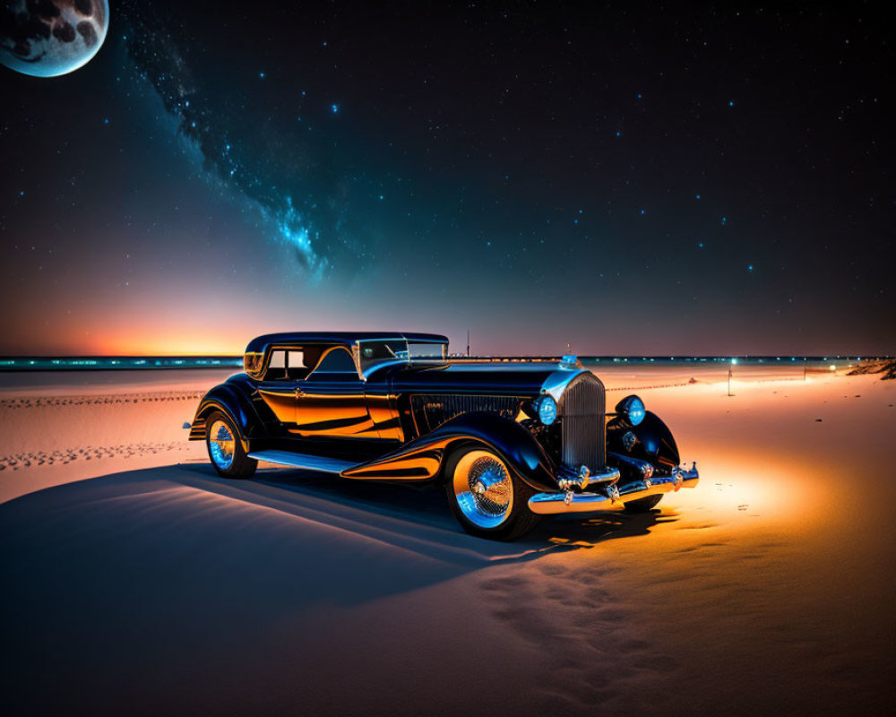 Vintage Car Under Night Sky Desert Scene with Moon and Stars