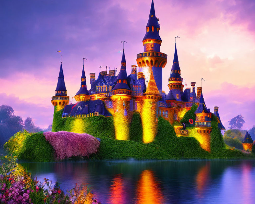 Enchanting castle with spires illuminated by golden lights at twilight