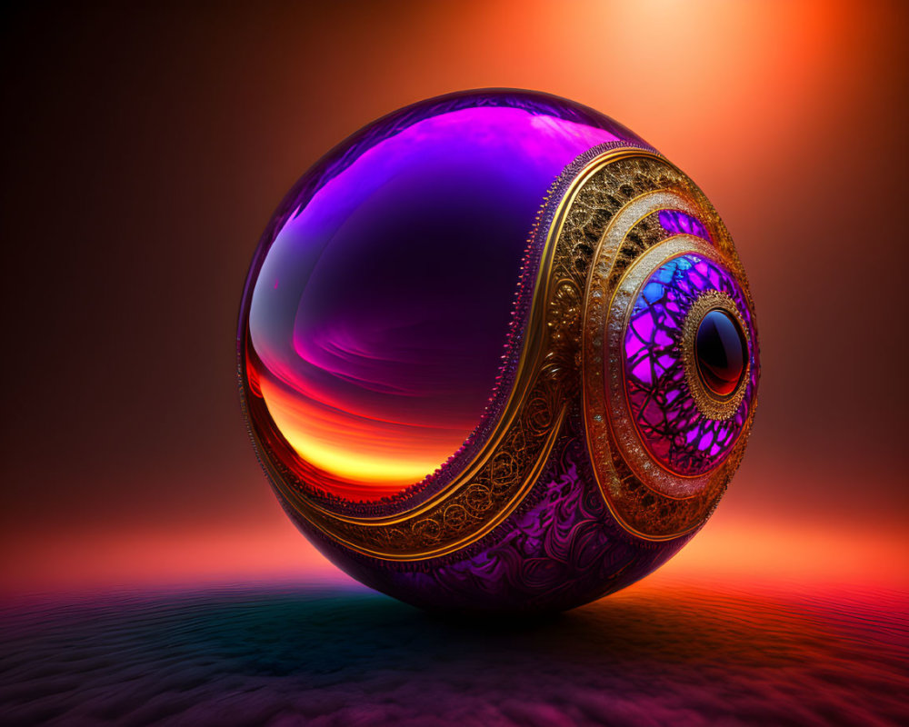 Colorful 3D-rendered sphere with golden patterns on orange gradient background