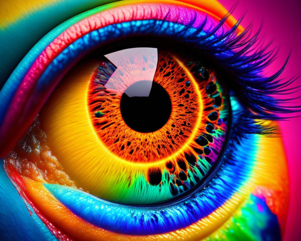 Colorful close-up of human eye with rainbow iris and dark eyelashes