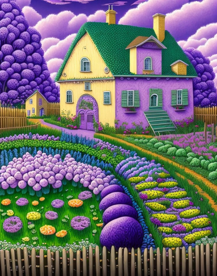 Colorful illustration of whimsical purple house in vibrant garden landscape