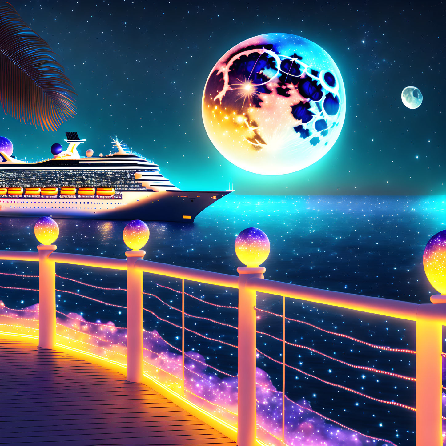 Surreal glowing boardwalk scene with cosmic sky