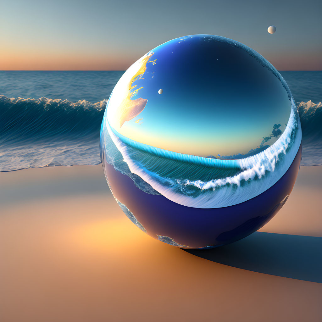 Surreal spherical object with ocean scene on beach background