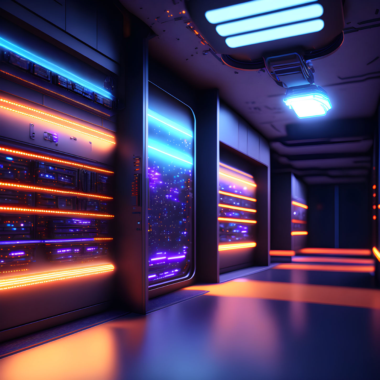 Glowing blue and orange LED lights in futuristic server room