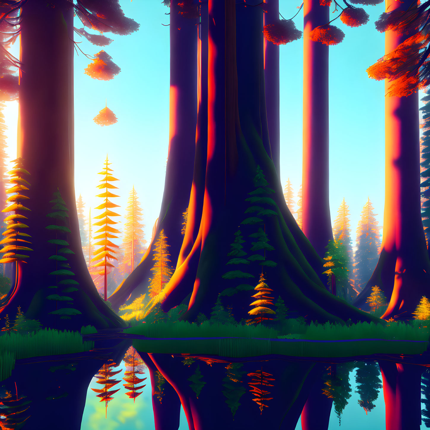 Surreal forest scene with towering trees and reflective water