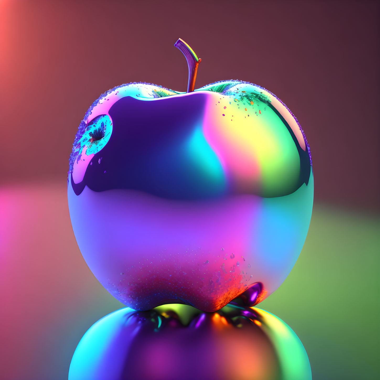 Vibrant neon gradient apple on reflective surface with blurred pink and purple background