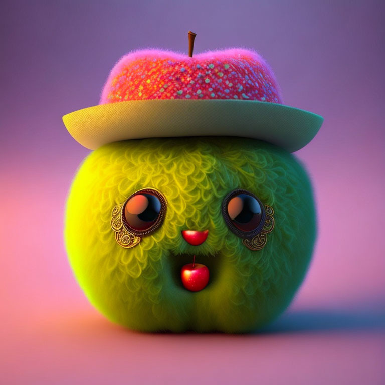 Anthropomorphized fruit with fuzzy green body and peach hat