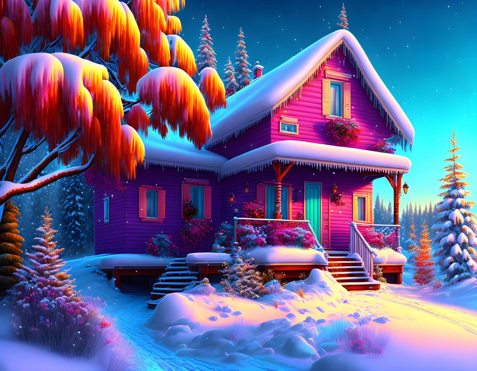 Vibrant purple house with Christmas lights in snowy winter landscape