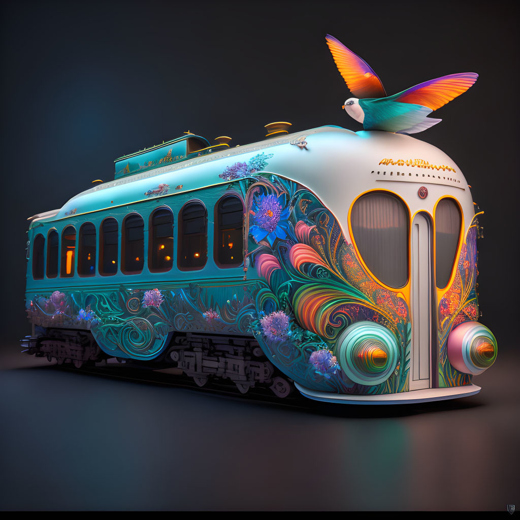 Colorful Bird Decorated Tram Against Dark Background