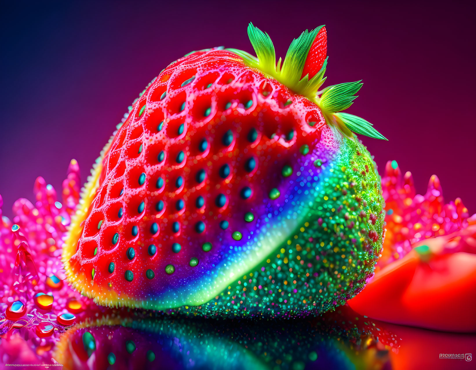 Colorful Strawberry with Water Droplets on Reflective Background