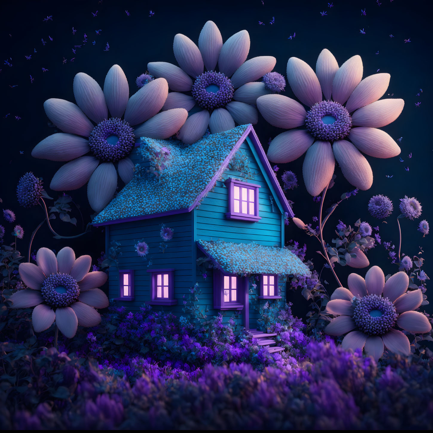 Whimsical blue house with glowing daisies, butterflies, and purple foliage