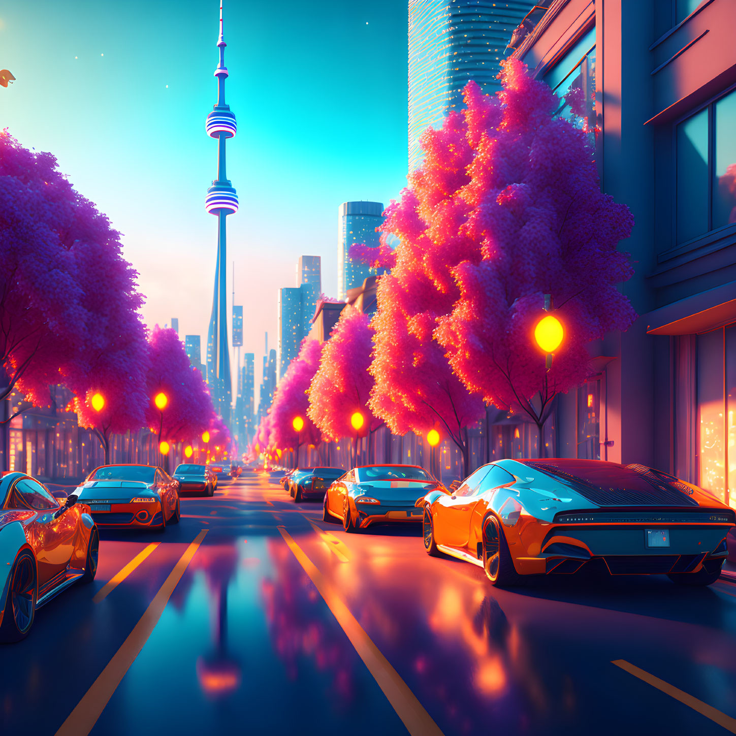 Futuristic twilight cityscape with pink trees, orange sports cars, and reflective street