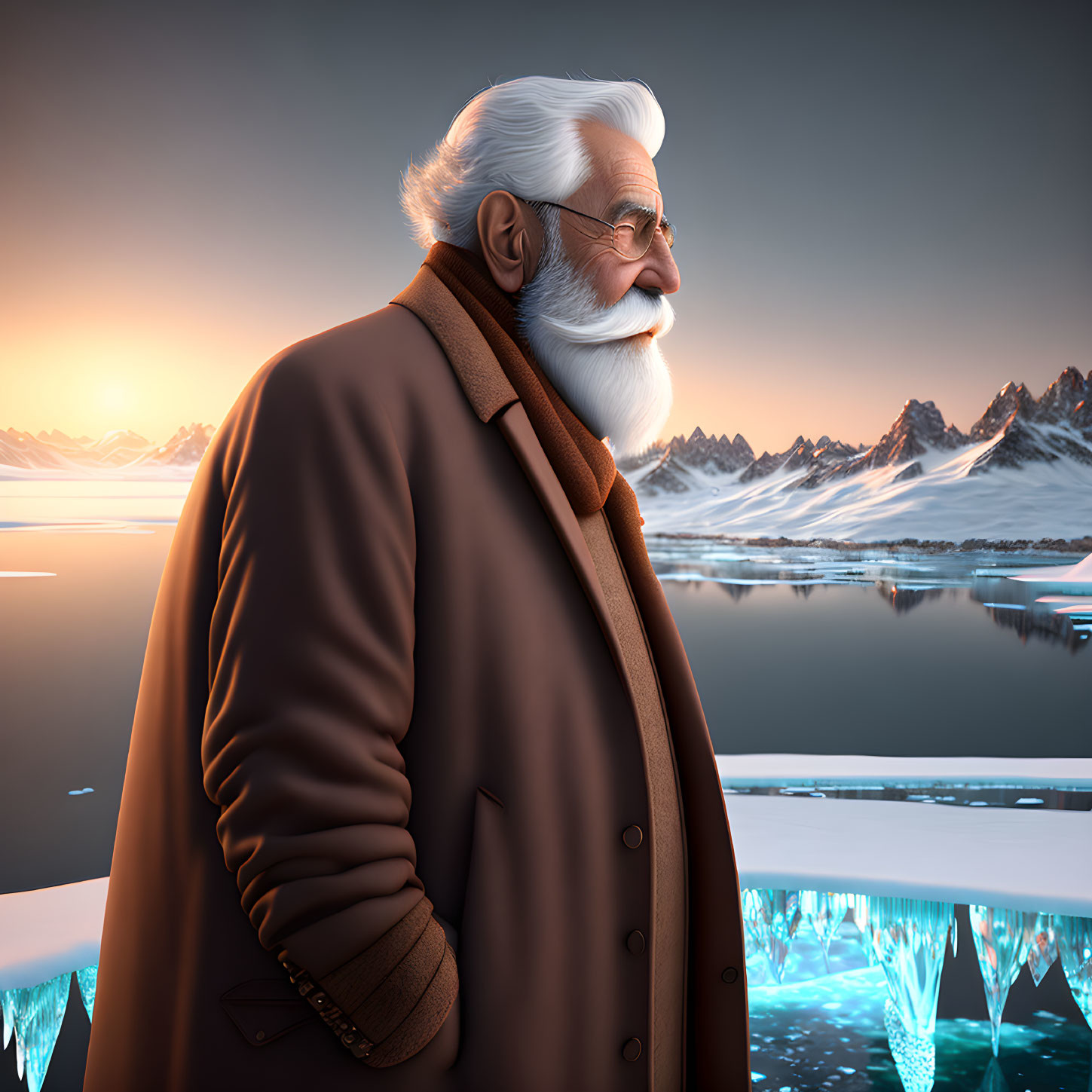 Bearded elderly man in coat gazes at icy sunrise landscape