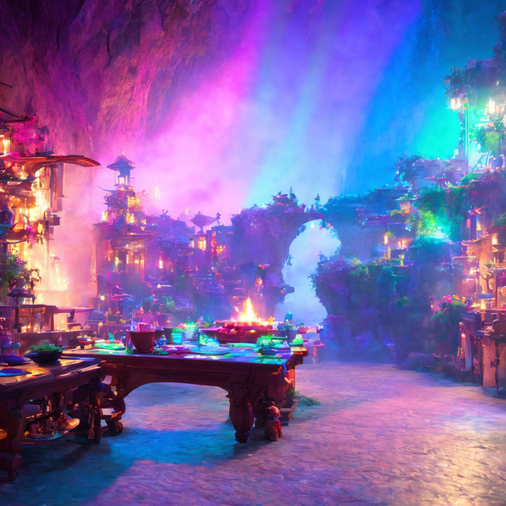 Colorful Illuminated Cave with Elaborate Structures and Feast Displayed