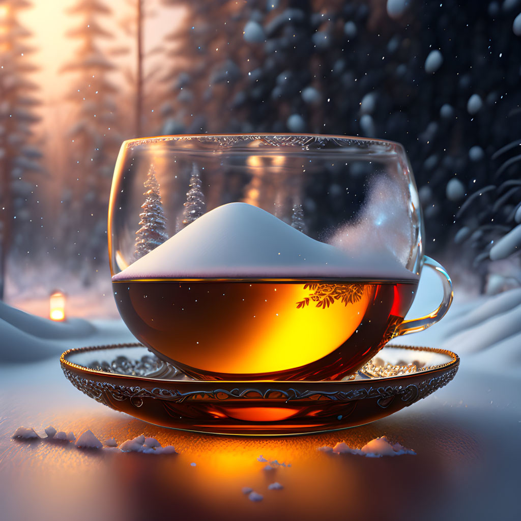 Snow-capped mountain in transparent cup on snowy backdrop