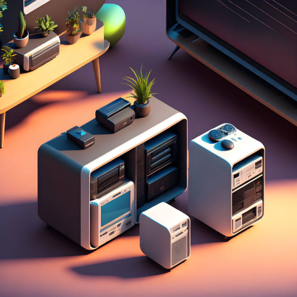 Retro-futuristic 3D illustration of computer setup with plants