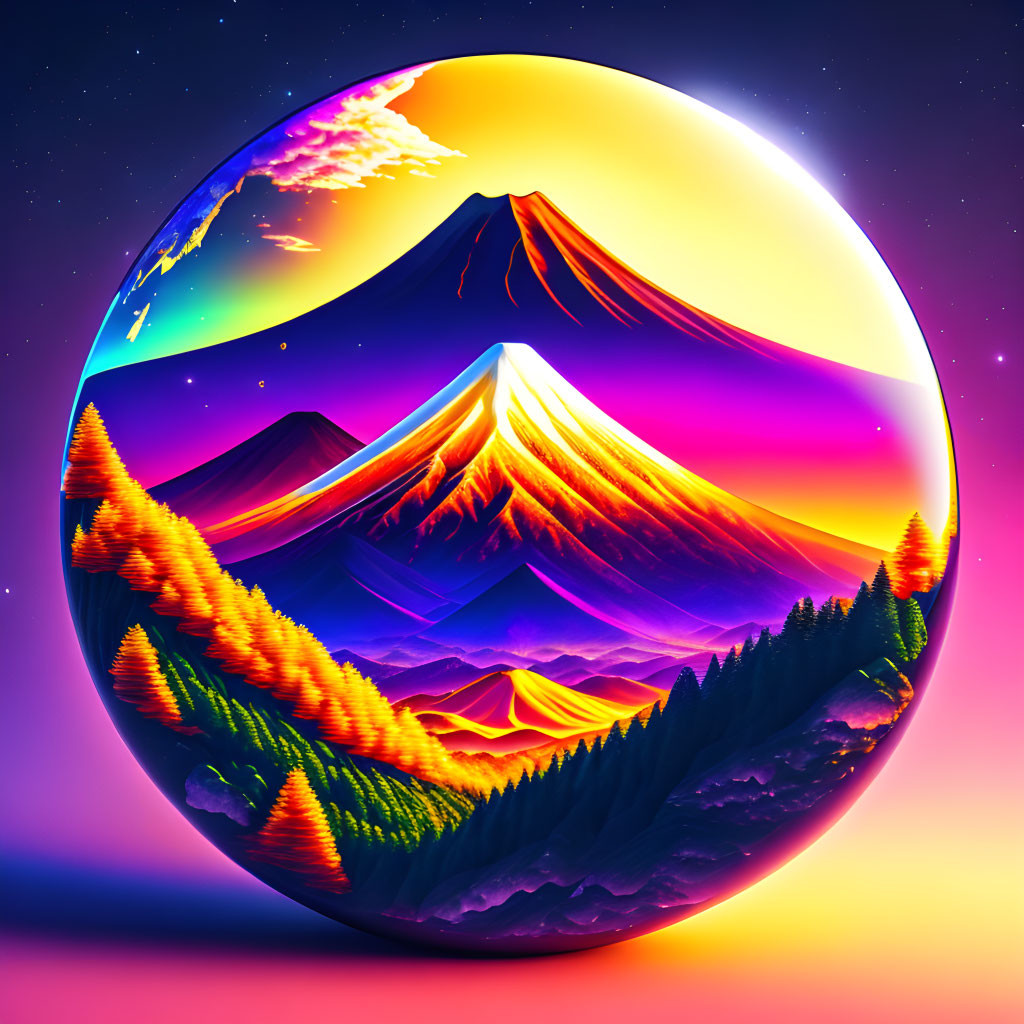 Colorful digital artwork of spherical landscape with mountains, trees, vivid sunset sky, stars, and neon