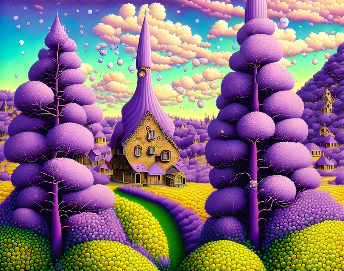 Whimsical landscape with purple trees and quirky house in yellow fields