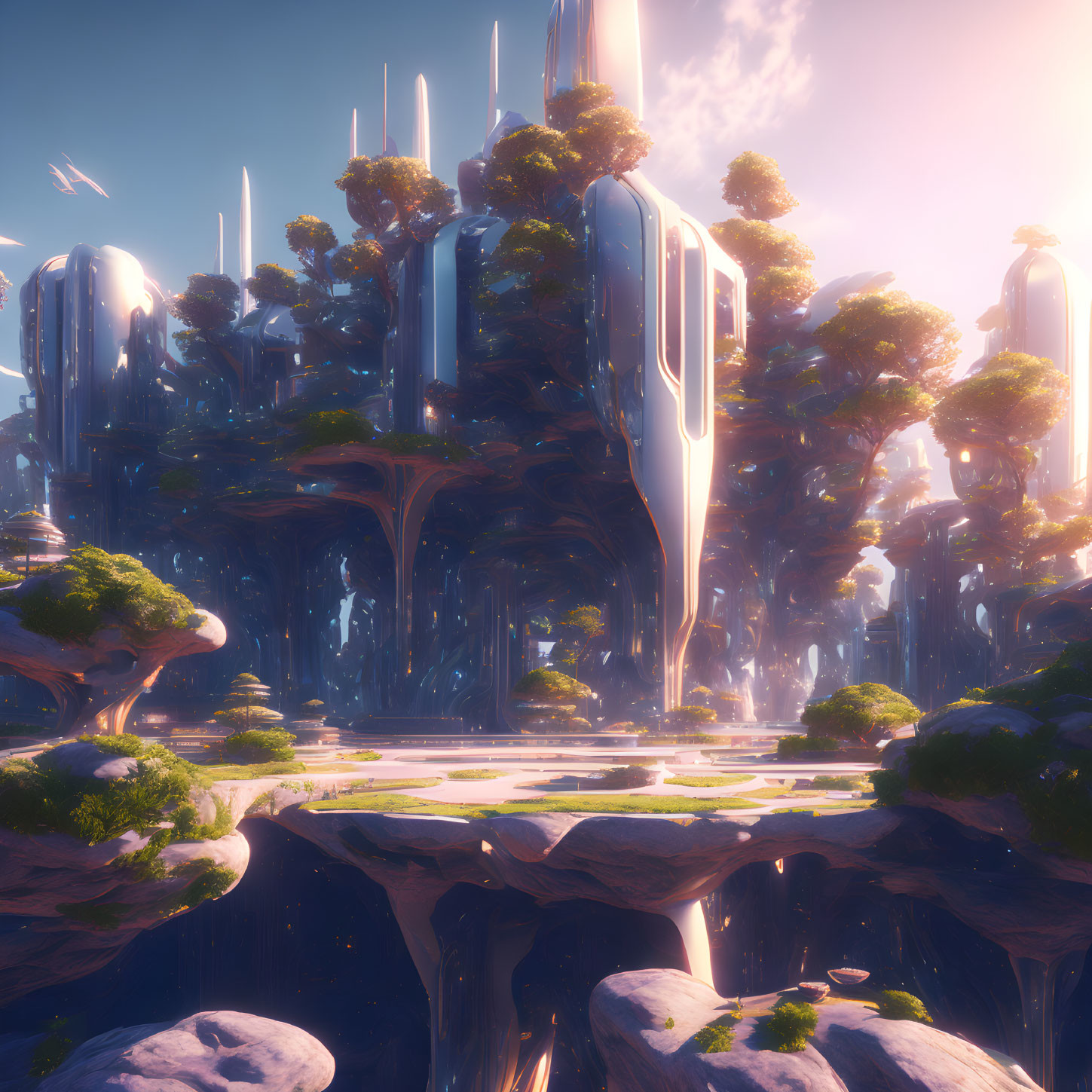 Surreal landscape with crystalline towers and giant trees reflected in tranquil water