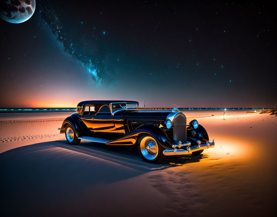 Vintage Car Under Night Sky Desert Scene with Moon and Stars