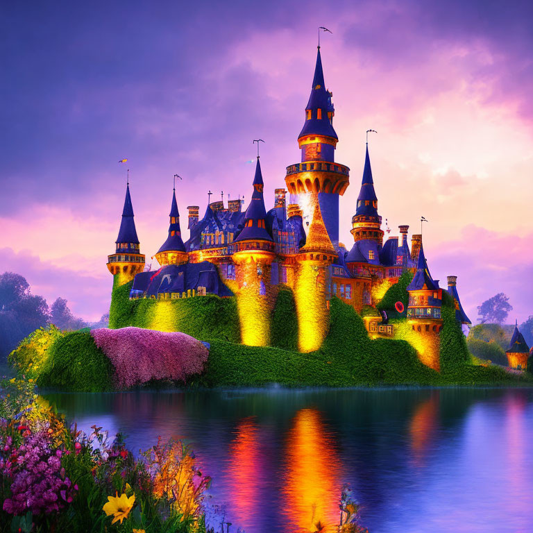 Enchanting castle with spires illuminated by golden lights at twilight