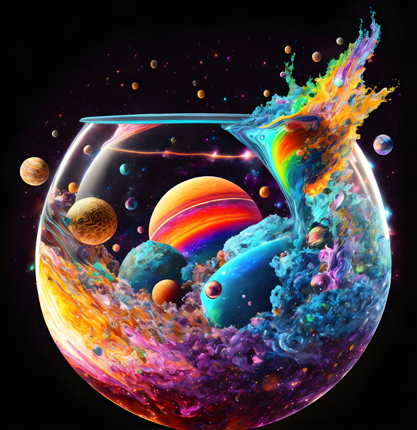 Colorful cosmic scene in fishbowl with galaxies, nebulas, and planets merging.