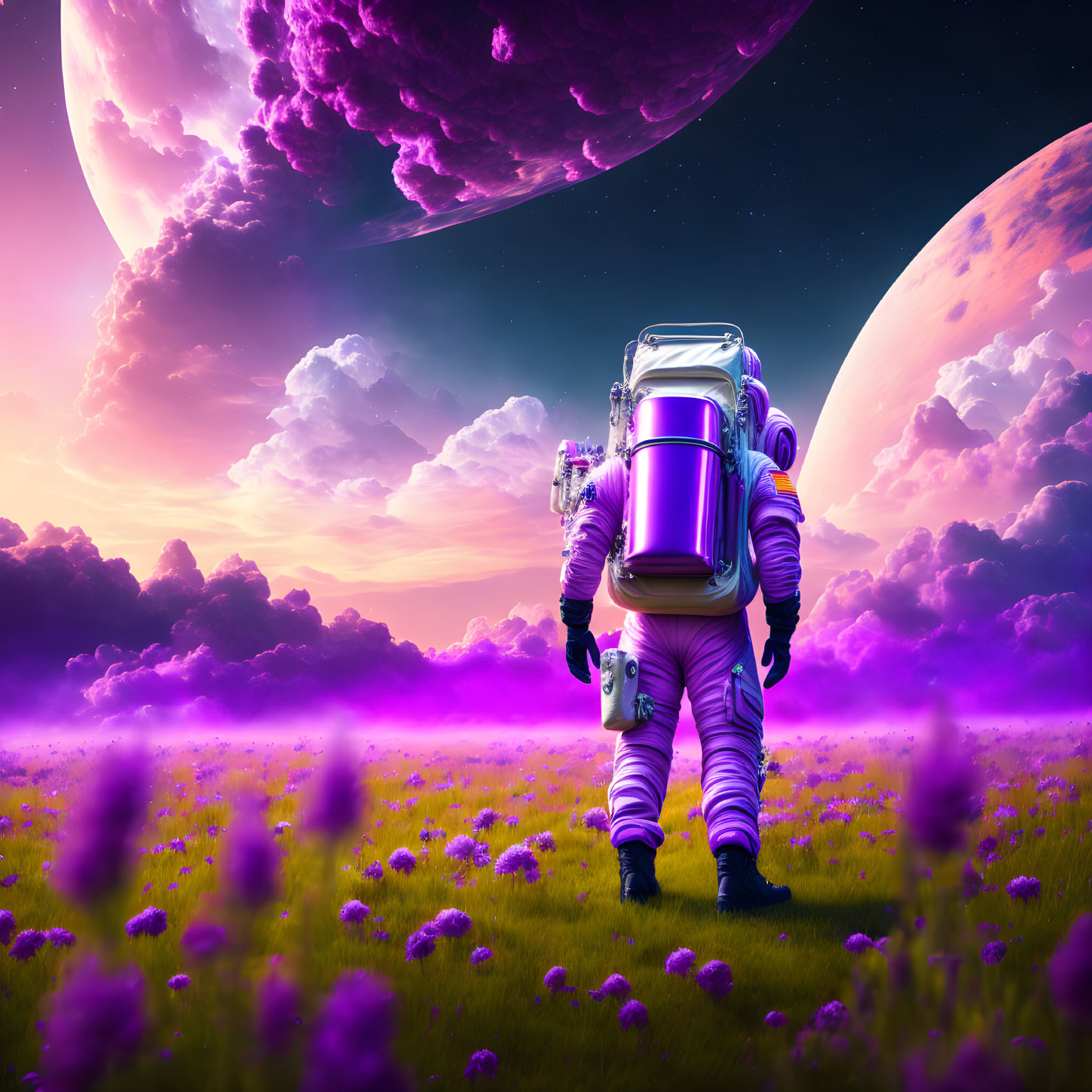 Colorful Alien Planet with Purple Flora and Large Moons at Sunset or Sunrise