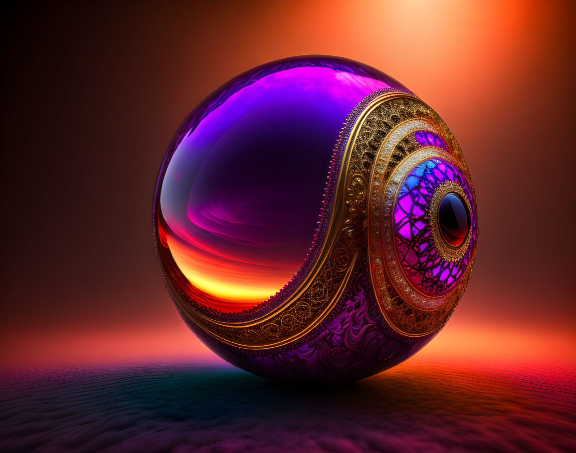 Colorful 3D-rendered sphere with golden patterns on orange gradient background