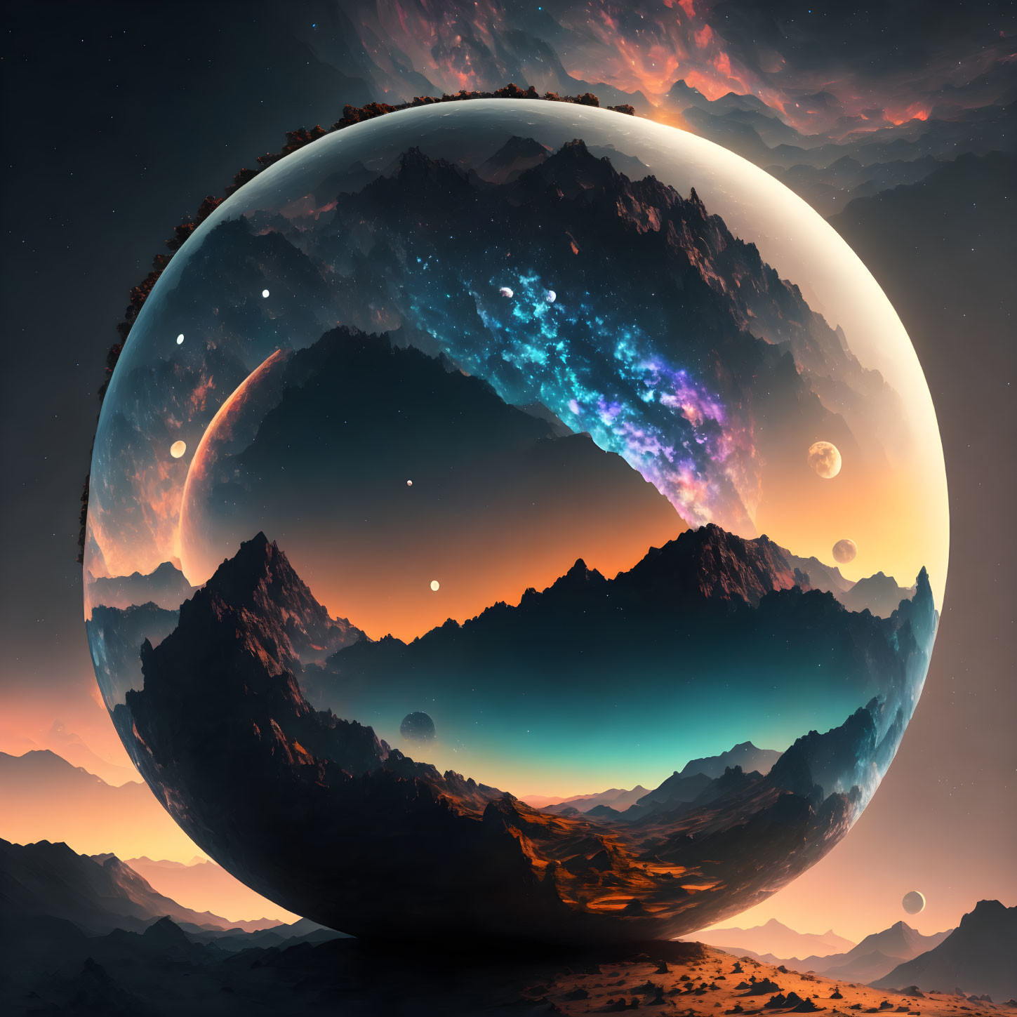 Surreal landscape with celestial body, mountains, and starry nebula reflected in serene earthly terrain