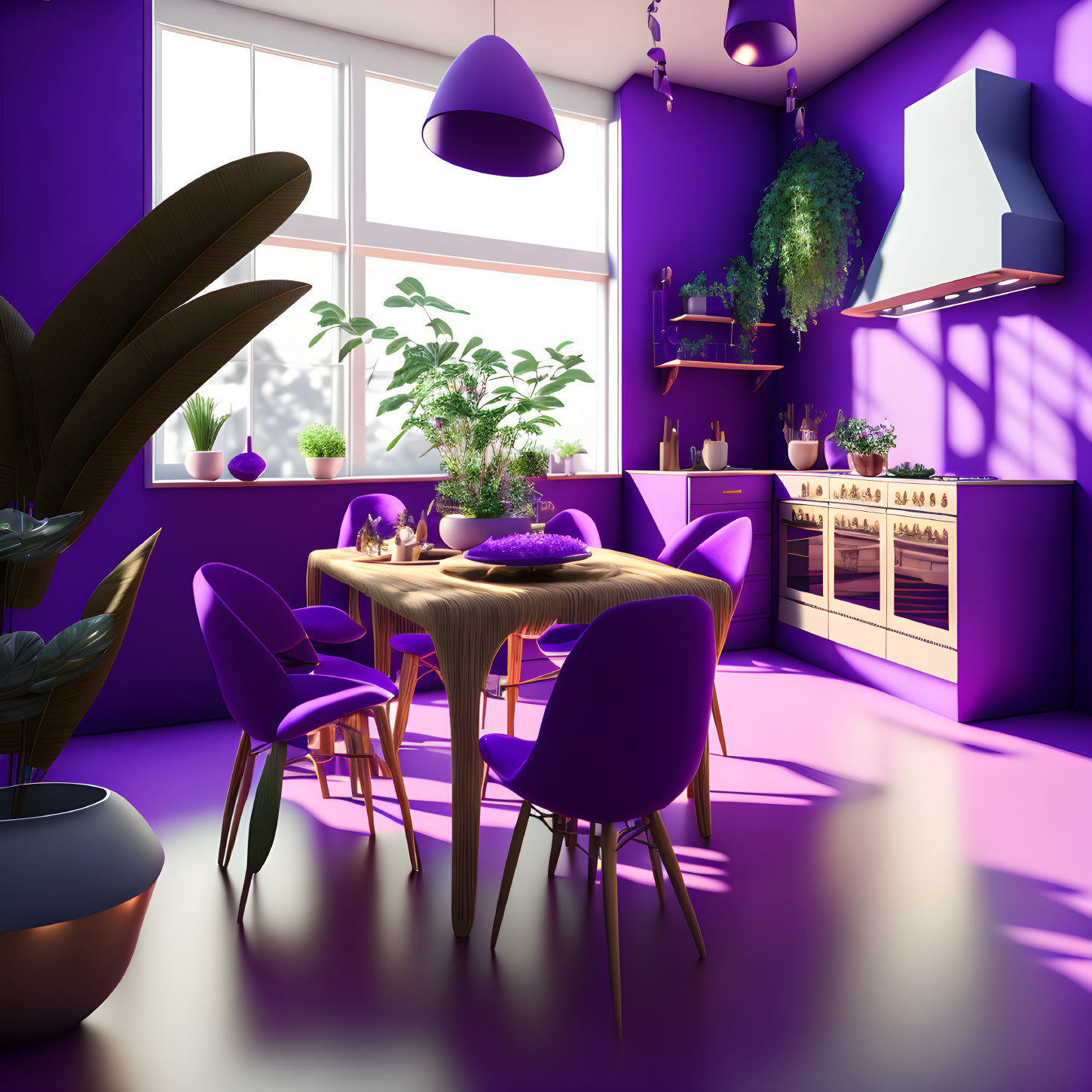 Purple-themed Kitchen with Dining Table, Chairs, Pendant Lights, Plants, and Modern Appliances