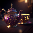 Purple and Gold Teapot and Cup Set with Grey Cat on Dark Background