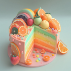 Vibrant multi-layered cake with fresh fruits and rainbow decoration