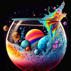 Colorful cosmic scene in fishbowl with galaxies, nebulas, and planets merging.