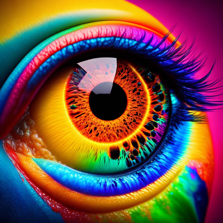 Colorful close-up of human eye with rainbow iris and dark eyelashes